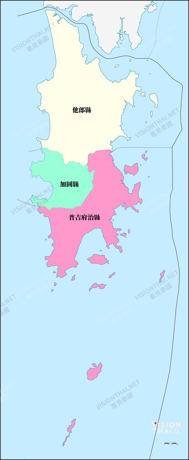 普吉府分為三縣，分別是普吉府治縣、加圖縣及他朗縣（圖片來源：VISION THAI看見泰國）